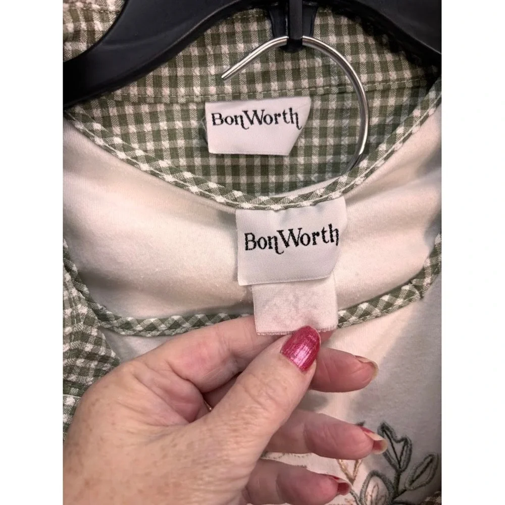 BonWorth 3 Piece Set Sage Green Gingham Embroidered Shirt Pants Top XL
